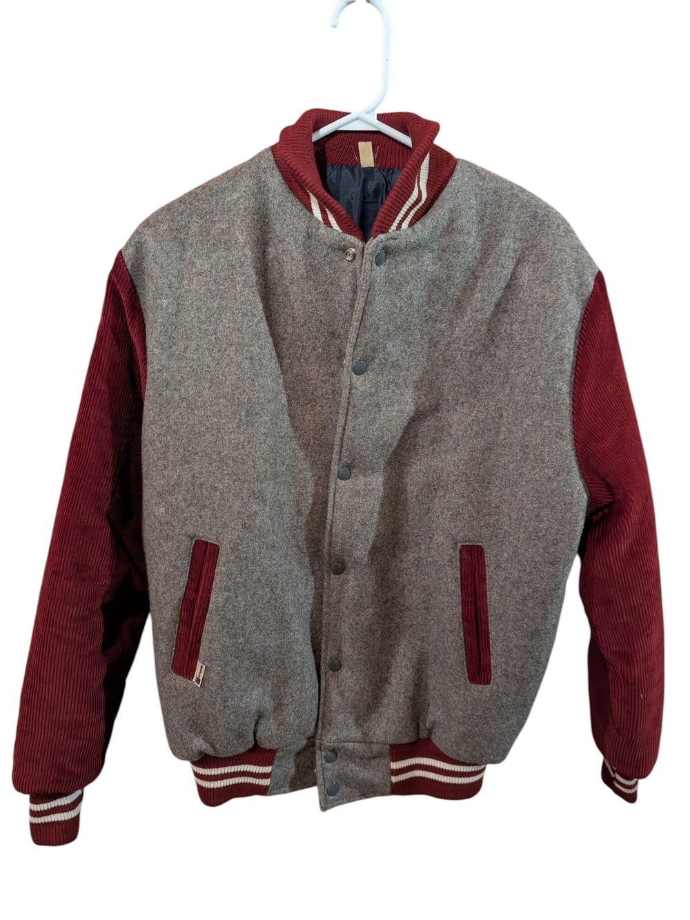 Vintage Men's Two-Tone Wool And Corduroy Varsity Jacket - Grey & Burgundy